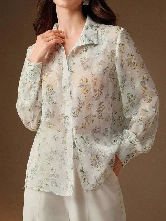 White Elegant Casual Women's Floral Print Long Sleeve Blouse - Picture 3 of 6